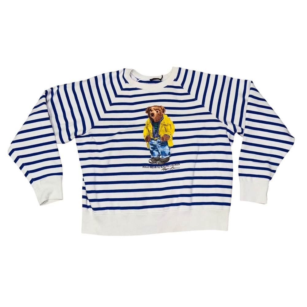 Polo Ralph Lauren Sweatshirt Women XL Blue White Good Polo Bear Striped Fleece